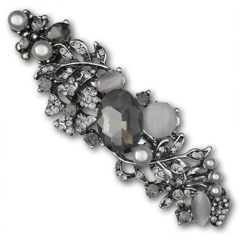 Barrette à Cheveux Argentée Avec Cristal Noir Et Gris Fumé - 2,5 Pouces - Neuve